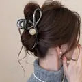 Elegant Korean style wave cross hair claw clip with pearl accents in gunmetal finish - Gun Black with White Bead