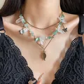 Vintage layered necklace with crystal points, green stones, and butterfly leaf charms - Style 9-Butterfly Leaf Pendant