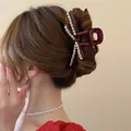 Elegant burgundy hair claw clip with sparkling rhinestones for stylish bun hairstyles - Red Rhinestone Embellished