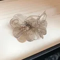 Close-up of elegant silver hollow flower cuff bracelet with sparkling center rhinestone. - Two-Flower Open Bracelet (HB3849) / Silver
