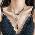Close-up of retro three-layer necklace with sun pendant and black crystal point - Style 4-Sun Hexagonal Column Pendant