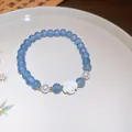 Elegant light blue beaded bracelet with white rose charm and pearls in new Chinese style - Style 48 / Blue-White