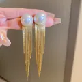 Elegante lange goldene Quastenohrringe mit großen weißen Perlen für einen luxuriösen Look - 28# Silberstift Künstliche Perle Quasten-Stil / Gold
