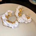 Elegant white chiffon flower C-shaped hoop earrings with golden leaf details - C-Shape Floral Style (HE30814) / White