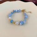 Ethnic blue crystal bead bracelet with pearls and gold-tone chain accessory - Irregular Raw Stone Crushed Style (Style 80) / Gold-Blue