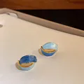 Elegant French vintage stud earrings with blue enamel and gold-toned curved design - Curved Intertwined Style (HE13865) / Green