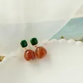 Elegant French vintage earrings with green square studs and amber marble round drop pendants - Square Geometric Style (HE13865) / Brown