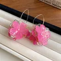 Vibrant pink fabric flower drop earrings with elegant golden hollow frames in vintage style - Flower Style (HE25162) / Pink