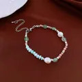 Ethnic style beaded bracelet with natural stones and pearls on brown fabric - Style 107 (Green Blue Pink Crystal) / Multicolor