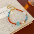 Elegant ethnic style beaded bracelet featuring orange stones, blue crystals and pearls. - Multi-material Ethnic Color-block Style (78#) / Blue Red White Gold Mix