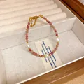 Elegant ethnic style crystal beaded bracelet with pink stones and fresh water pearls - Style 79# / Gold, Pink, White