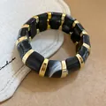 Chunky acrylic marbled patchwork bracelet with gold accents in black and white finish - Pure Black/B&W Marble
