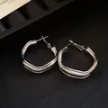 Minimalist geometric hoop earrings featuring a silver frosted metallic texture finish - 52# Silver Needle - Silver