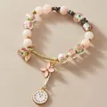 Elegantes handgefertigtes rosa Perlenarmband mit feinen Blumen- und Uhrenanhängern - 14# Armband-gold-blume