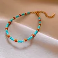 Ethnic style beaded bracelet featuring turquoise and amber stones on a gold chain - Gold Spacer Blue Style (152) / Blue