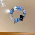 Ethnic style blue crystal beaded bracelet with black Pixiu charm and fortune tag - Lucky Beast Pendant Style (188) / One Size / Blue-Black-Silver