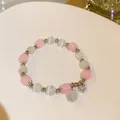 Elegantes rosa-weißes Katzenaugen-Perlenarmband mit silbernem Schneeflocken-Anhänger - 60# Armband-rosa-runde Perlen