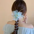 Eleganter hellblauer Blumen-Haarclip und Spiralhaargummi für Bubble-Braid-Frisuren - Tüllblumen-Set (28#) / Grün