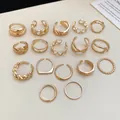 Set of gold retro geometric rings with minimalist and hollow designs - 16-Piece Set / 34# Gold