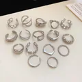 Collection of vintage geometric silver-tone metal rings in various minimalist designs - 16-Piece Set / 35# Silver