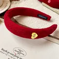Elegant red flocked wide headband with a golden heart charm for a high skull top look. - 6# Flocked Heart Metal Decor Style / Red