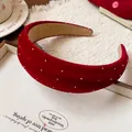 Elegant red velvet padded headband with delicate pearl accents for a stylish look - 7# Flocked Pearl Rhinestone Style / Red