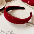 Elegant red velvet padded headband with delicate white rhinestone accents - 8# Red Flocked Pearl Decoration Style / Red