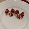 Festive red enamel bow stud earrings featuring a golden heart centerpiece and beaded edges - 46# Silver Needle - Red - Bow