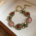 Vintage gold chain necklace with red heart crystals, green enamel, and cameo charms - 32# Bracelet-Gold-Green (Enamel Bracelet)