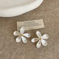 Close-up of silver flower stud earrings featuring matte brushed texture and gold center - Silver