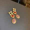 Elegant vintage matte gold drop earrings with green flower, red heart, and pink cameo. - 5# Vintage 3-Section Drop Earrings with Silver Earring Post