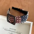Korean style paisley fabric headband with square wooden buckle detail - Black-Gray-Coffee