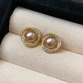 Exquisite detail of gold-plated stud earrings featuring champagne pearls and zircon halo - Circular Pearl Zirconia Style (HE29812) / Gold