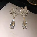 Close-up of sparkling crystal flower and teardrop earrings with silver needles. - Clear