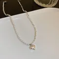 Elegant silver heart pendant necklace featuring irregular pearls and geometric beads - Heart Pearl Necklace (4#) / Silver