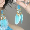 Detail of bohemian light blue feather earrings with gold leaf and blue bead tassels - 4# Ear Hook-Gold-Blue