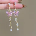 Eleganti orecchini pendenti a farfalla in cristallo rosa con gocce d'acqua dorate - 18# Perno per orecchino in argento sterling 925 - Rosa - Farfalla