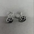 Elegant French vintage black pearl earrings with silver lace zircon hoop detailing - Silver and Black Pearl Style
