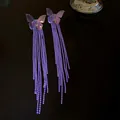 Detailed close-up of elegant purple butterfly stud earrings with long beaded tassels - Butterfly Tassel (9#)