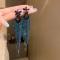 Detail of luxury long tassel earrings with blue and black colorful zircon crystals - Star Tassel Style (11#银针-蓝色) / Blue