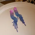 Close-up view of elegant gradient blue and pink color zircon long tassel drop earrings. - Triangle Multicolor (13#)