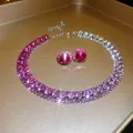 Elegant pink and purple gradient rhinestone choker necklace with matching earrings set - Gradient Purple Set (31#)