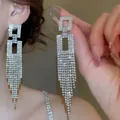 Elegant silver-toned long tassel earrings adorned with shimmering cubic zirconia accents - Geometric Tassel (59#)