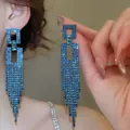 Elegant silver needle blue zircon tassel earrings with sparkling rhinestones set - Blue Tassel (61#)