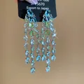 Sparkling silver needle tassel earrings featuring oval blue and green zircon gemstones - 81# Silver Post - Blue-Green Zirconia Long Tassel Style / Blue