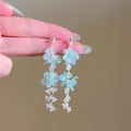 Élégantes boucles d'oreilles à pampilles fleurs bleu clair et zircon - Style Gland à Fleurs Double Couche (33#)