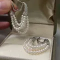 Eleganti orecchini a cerchio in argento a U con tre file di perle bianche per donne - 24# Fibbia per Orecchio - Argento