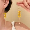 Boucles d'oreilles pendantes à pampilles avec fleurs jaunes et perles de zircon brillant - Style Gland à Fleurs Mat Jaune (66#)