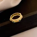 Elegant vintage gold-toned textured ring with inlaid green emerald-style gemstones and crystals - Vintage Stripe Green Gemstone Style (35#)