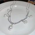 Elegant French style double-layer pearl necklace with sparkling crystals on white plate - French Double Layer Beaded Style (18#)